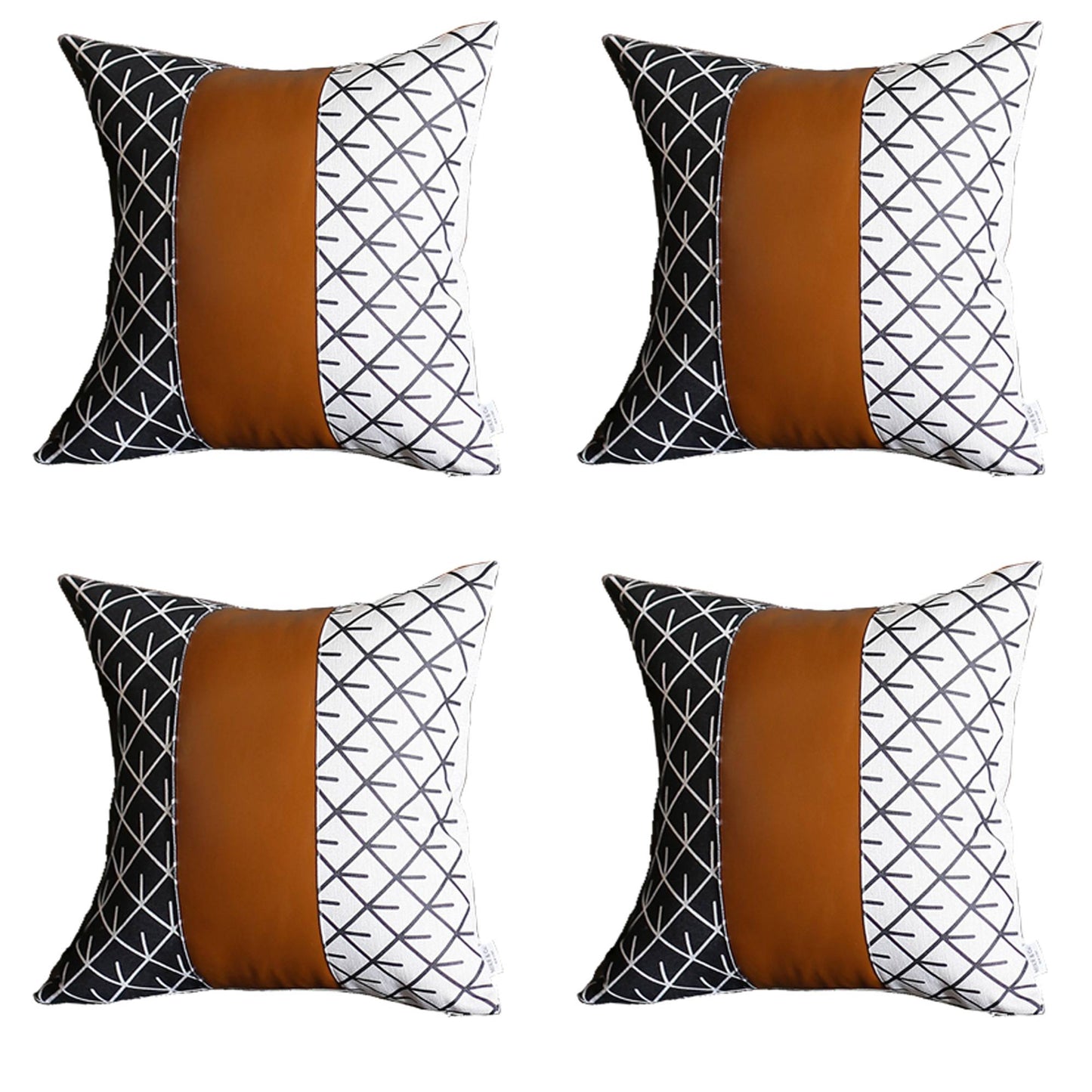 Bohemian Set of 4 Handmade Decorative Throw Pillow Vegan Faux Leather Geometric for Couch, Bedding