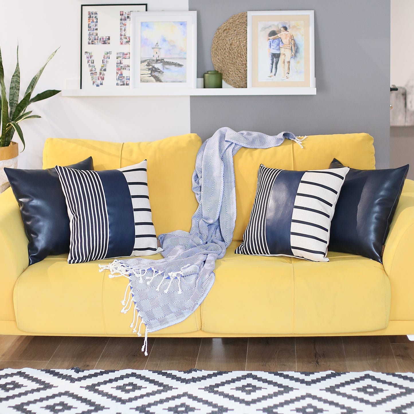 Boho Throw Pillow 17" x 17" Navy Blue Mixed Design Set of 4 Vegan Faux Leather Geometric for Couch, Bedding