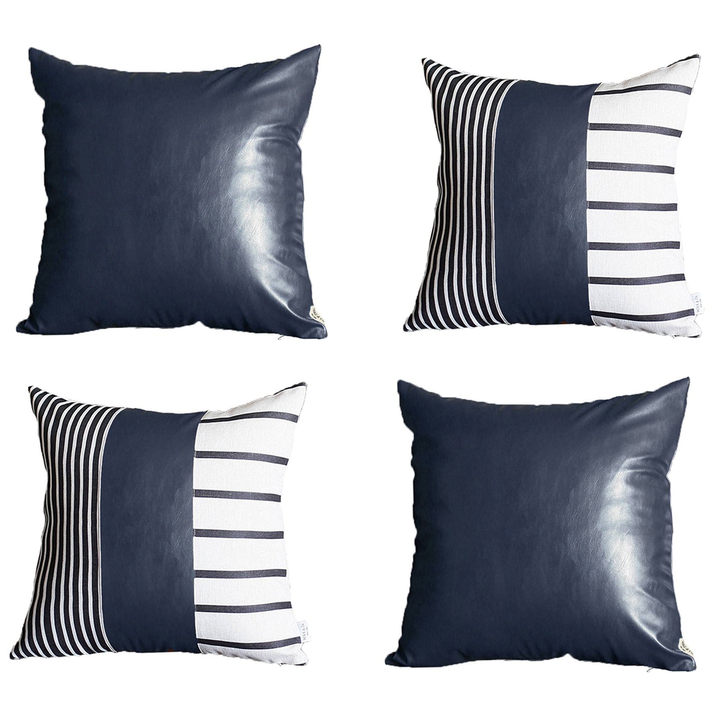 Boho Throw Pillow 17" x 17" Navy Blue Mixed Design Set of 4 Vegan Faux Leather Geometric for Couch, Bedding