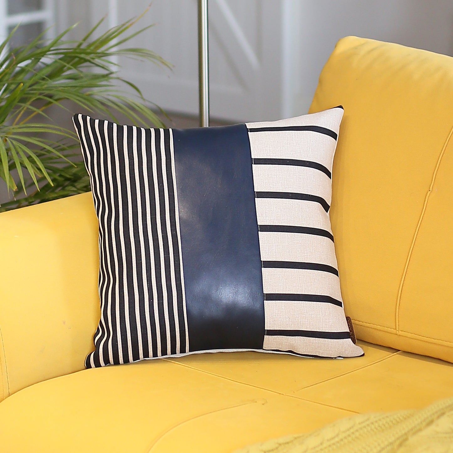 Boho Throw Pillow 17" x 17" Navy Blue Mixed Design Set of 4 Vegan Faux Leather Geometric for Couch, Bedding