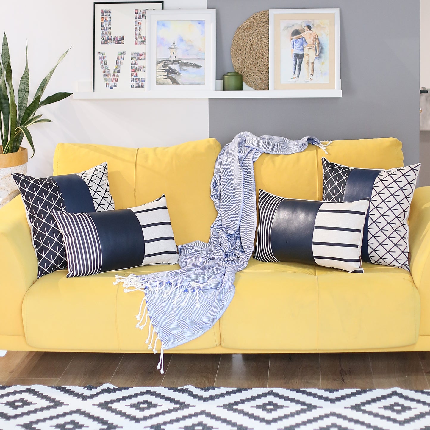 Boho Throw Pillow Navy Blue Mixed Design Set of 4 Vegan Faux Leather Geometric for Couch, Bedding