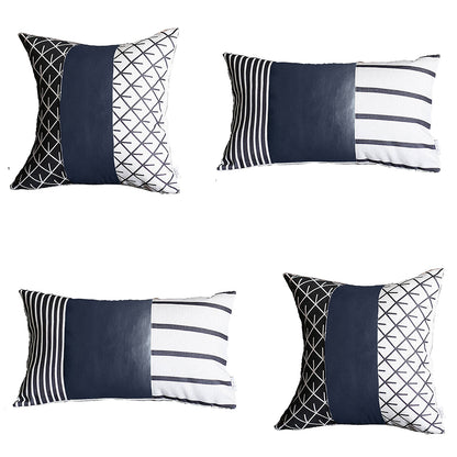 Boho Throw Pillow Navy Blue Mixed Design Set of 4 Vegan Faux Leather Geometric for Couch, Bedding