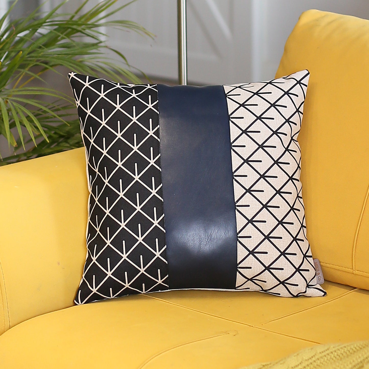 Boho Throw Pillow Navy Blue Mixed Design Set of 4 Vegan Faux Leather Geometric for Couch, Bedding