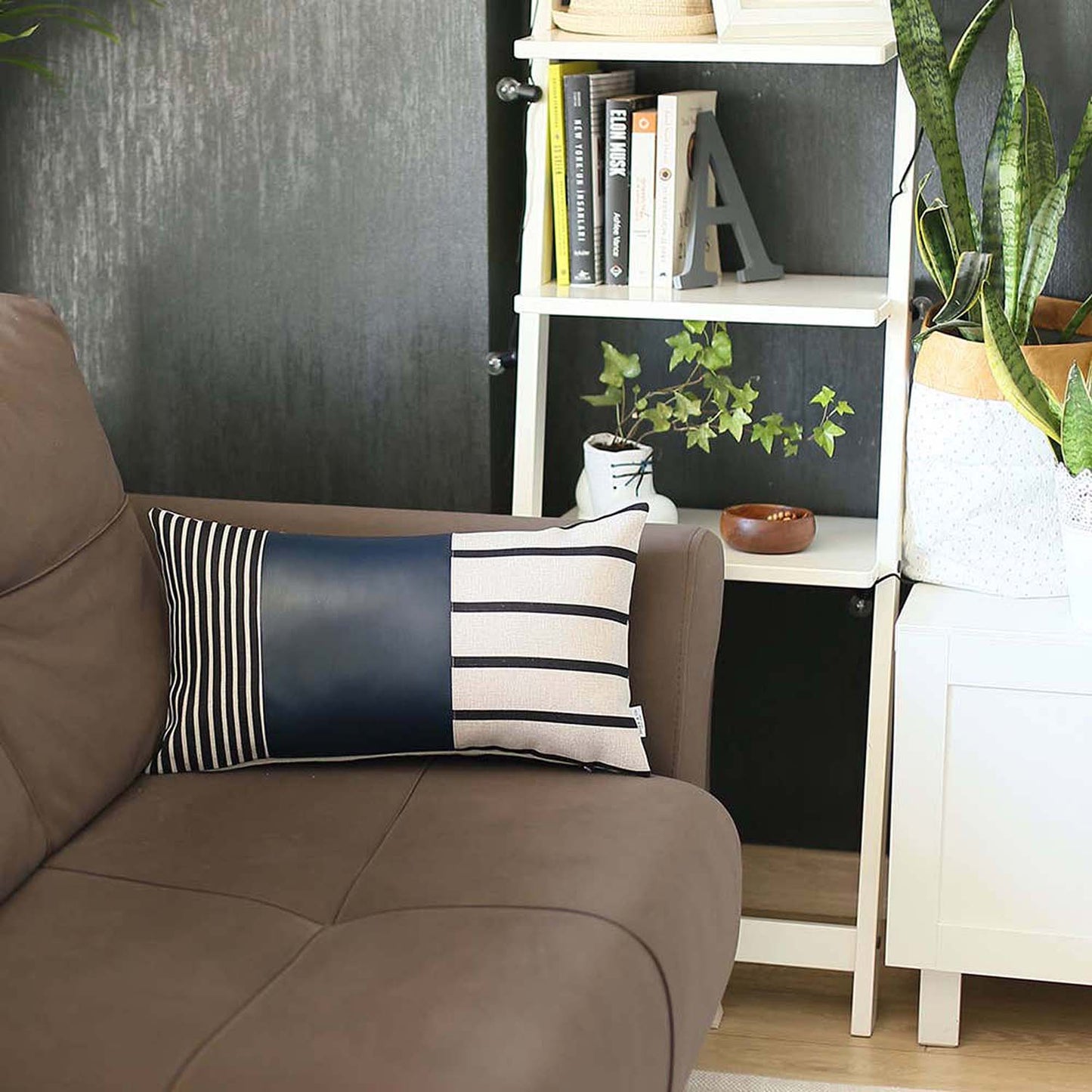 Boho Throw Pillow Navy Blue Mixed Design Set of 4 Vegan Faux Leather Geometric for Couch, Bedding
