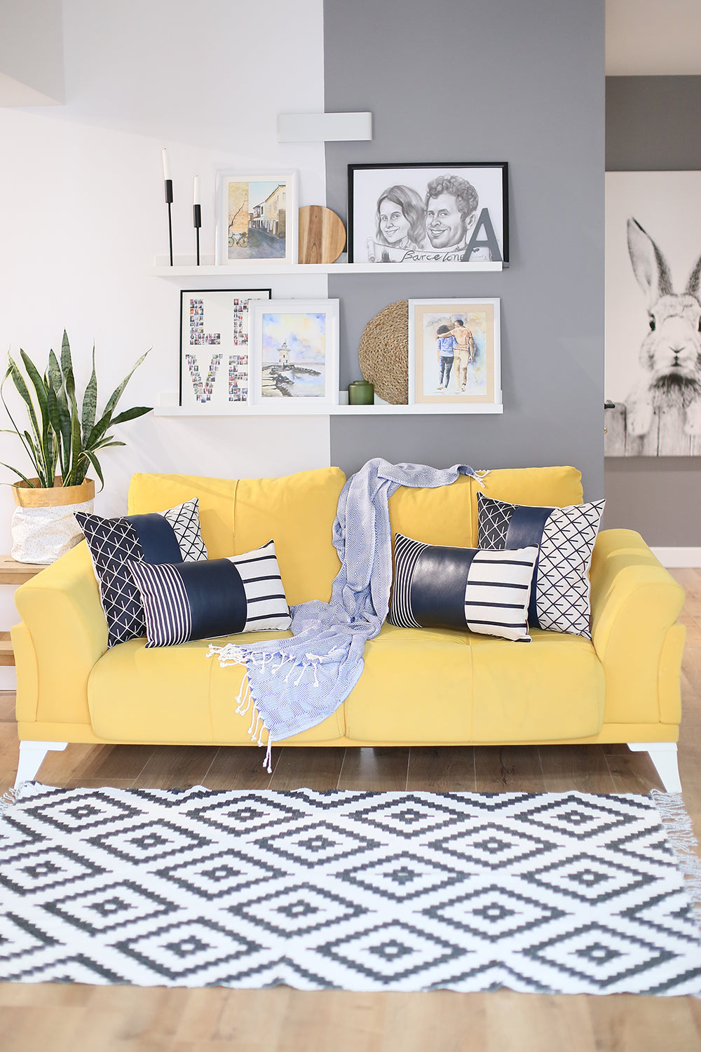 Boho Throw Pillow Navy Blue Mixed Design Set of 4 Vegan Faux Leather Geometric for Couch, Bedding