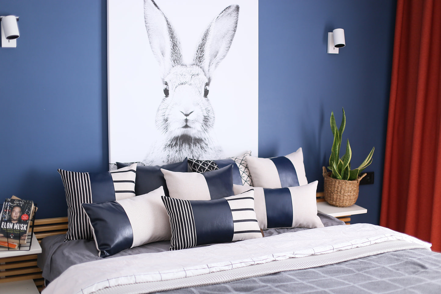 Boho Throw Pillow Navy Blue Mixed Design Set of 4 Vegan Faux Leather Geometric for Couch, Bedding