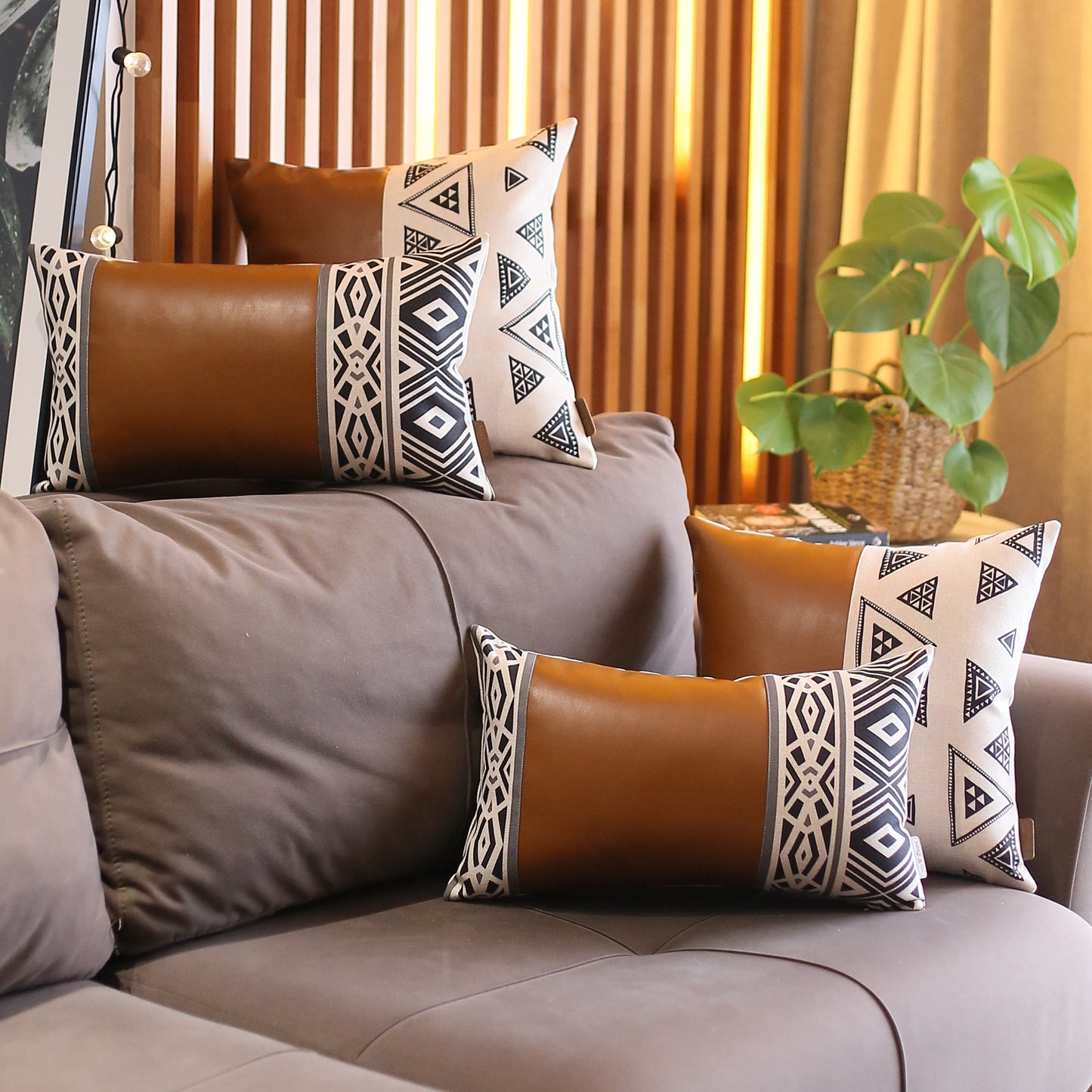 Boho Throw Pillow Brown Mixed Design Set of 4 Vegan Faux Leather Geometric for Couch, Bedding