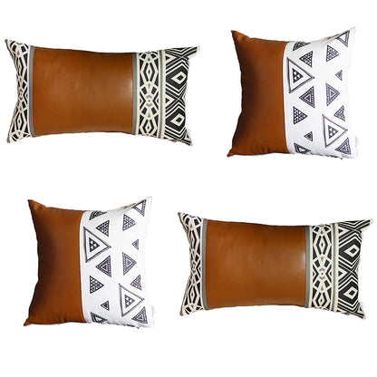 Boho Throw Pillow Brown Mixed Design Set of 4 Vegan Faux Leather Geometric for Couch, Bedding