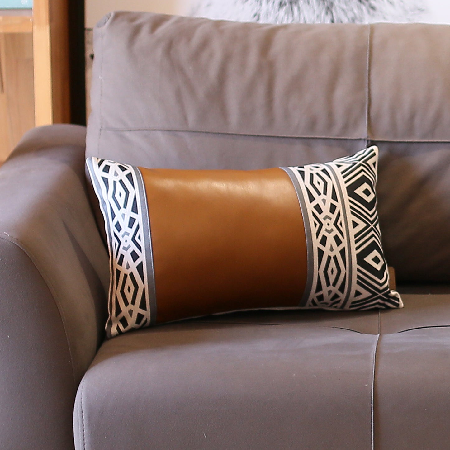 Boho Throw Pillow Brown Mixed Design Set of 4 Vegan Faux Leather Geometric for Couch, Bedding