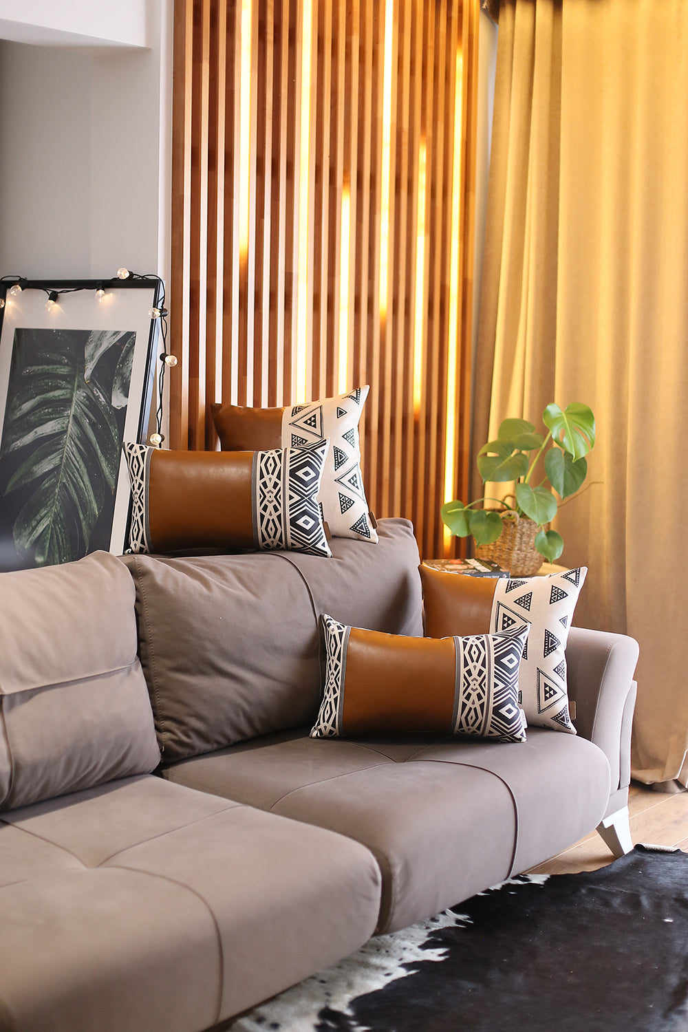 Boho Throw Pillow Brown Mixed Design Set of 4 Vegan Faux Leather Geometric for Couch, Bedding