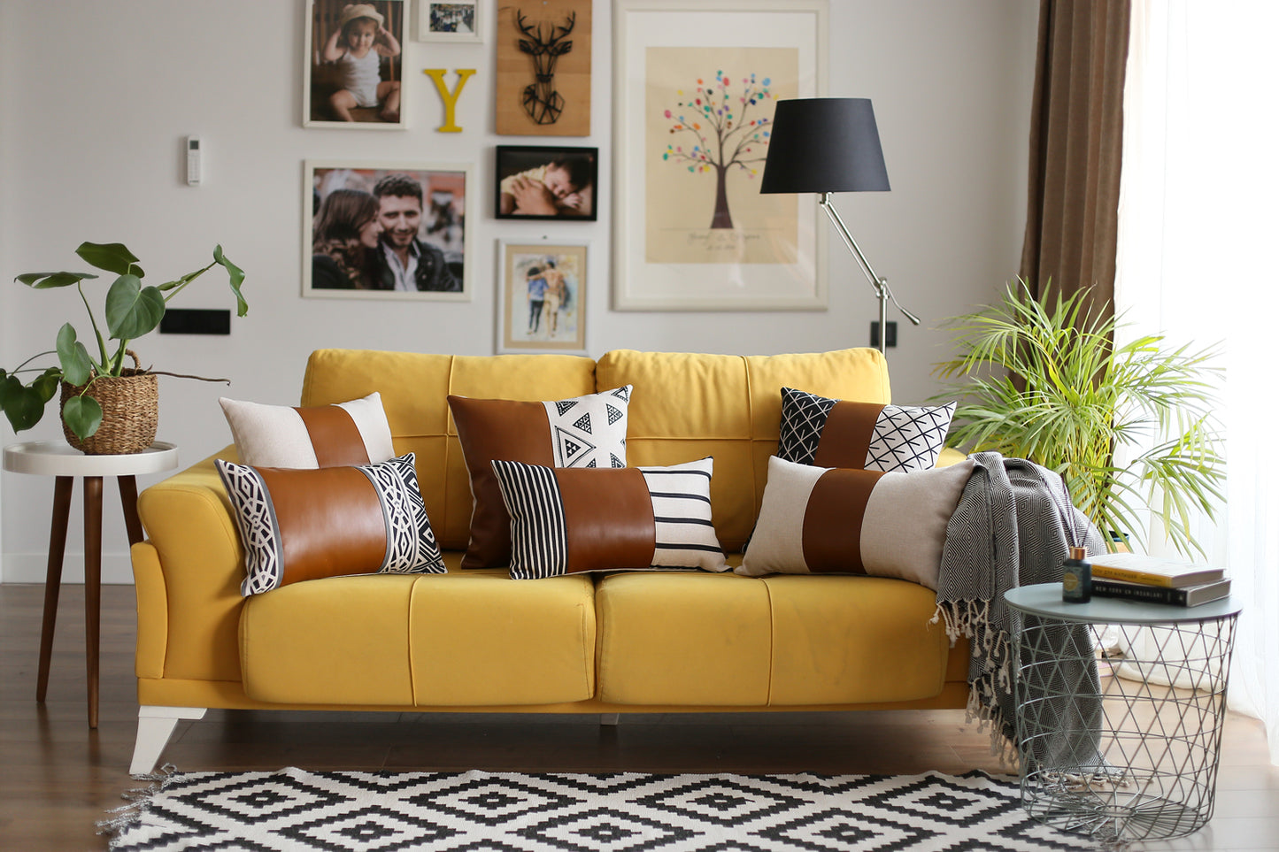Boho Throw Pillow Brown Mixed Design Set of 4 Vegan Faux Leather Geometric for Couch, Bedding