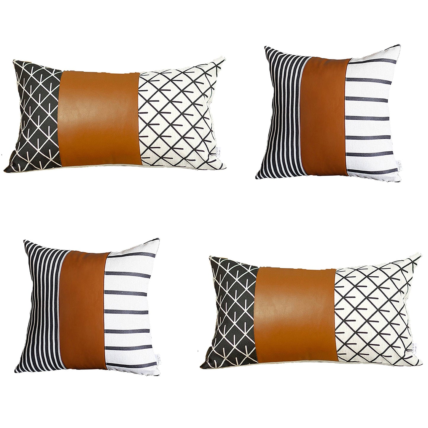 Boho Throw Pillow Brown Mixed Design Set of 4 Vegan Faux Leather Geometric for Couch, Bedding