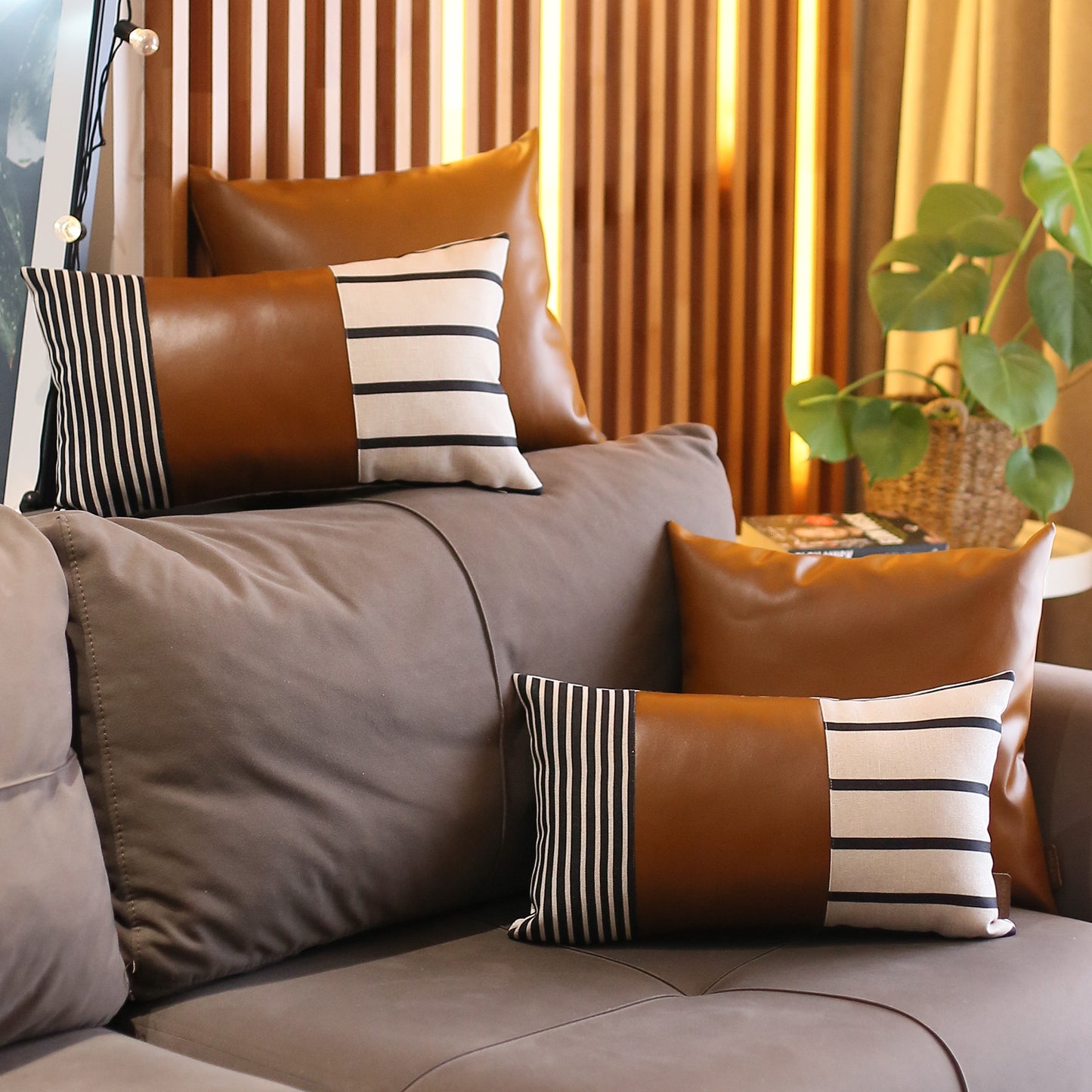 Boho Throw Pillow Brown Mixed Design Set of 4 Vegan Faux Leather Geometric for Couch, Bedding