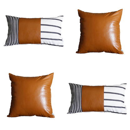 Boho Throw Pillow Brown Mixed Design Set of 4 Vegan Faux Leather Geometric for Couch, Bedding