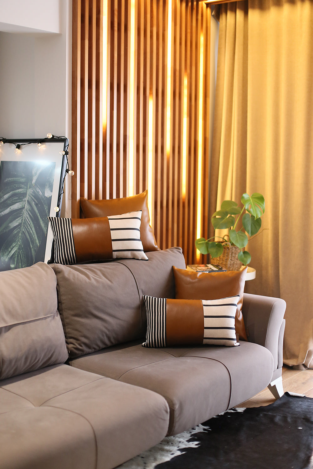 Boho Throw Pillow Brown Mixed Design Set of 4 Vegan Faux Leather Geometric for Couch, Bedding