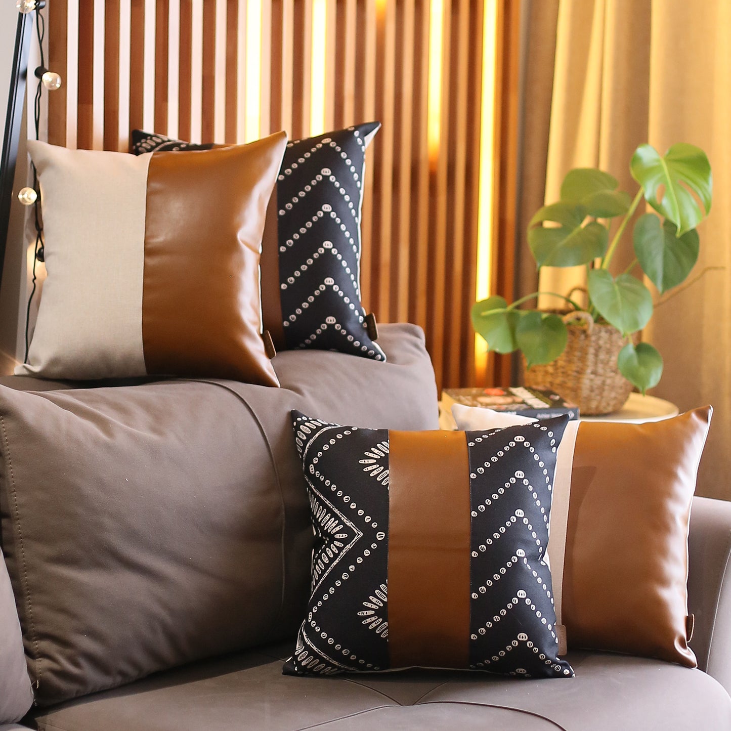 Boho Throw Pillow 17" x 17" Brown Mixed Design Set of 4 Vegan Faux Leather Geometric for Couch, Bedding