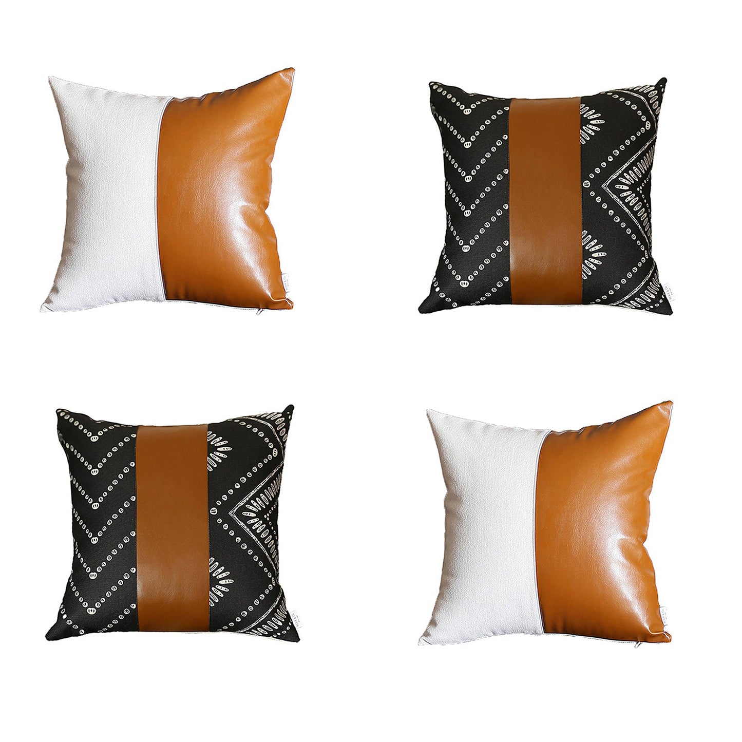 Boho Throw Pillow 17" x 17" Brown Mixed Design Set of 4 Vegan Faux Leather Geometric for Couch, Bedding