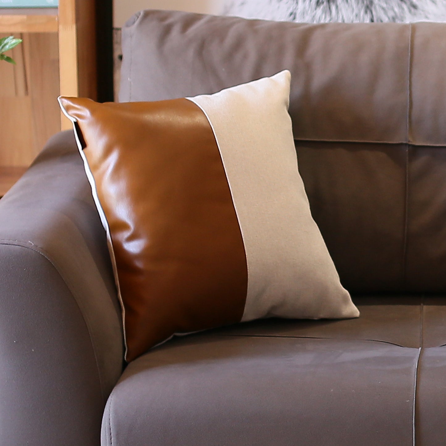 Boho Throw Pillow 17" x 17" Brown Mixed Design Set of 4 Vegan Faux Leather Geometric for Couch, Bedding