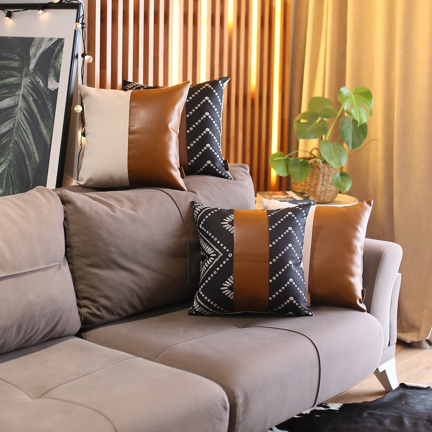 Boho Throw Pillow 17" x 17" Brown Mixed Design Set of 4 Vegan Faux Leather Geometric for Couch, Bedding