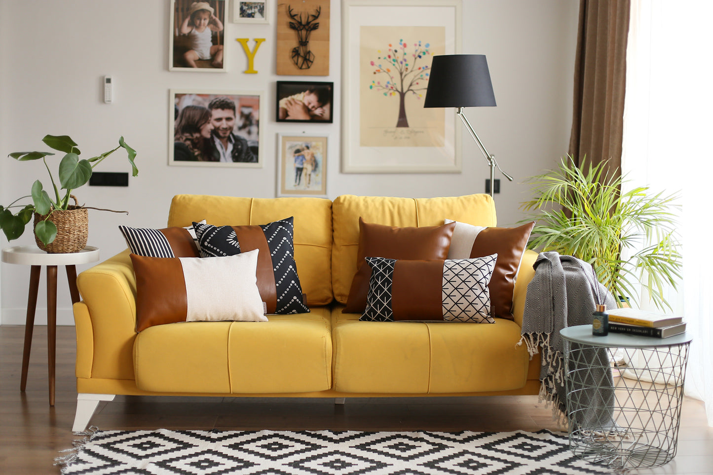Boho Throw Pillow 17" x 17" Brown Mixed Design Set of 4 Vegan Faux Leather Geometric for Couch, Bedding