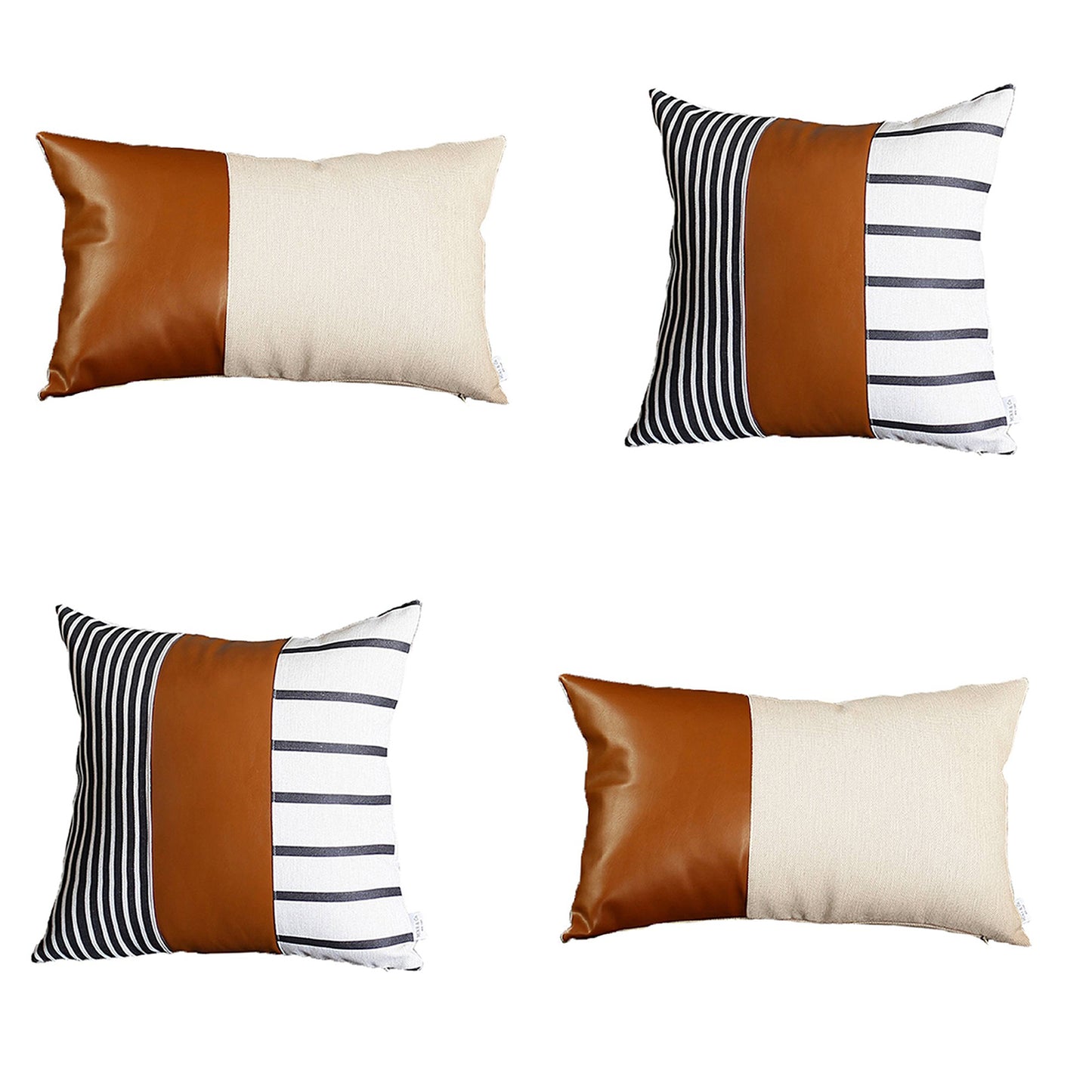 Boho Throw Pillow Brown Mixed Design Set of 4 Vegan Faux Leather Geometric for Couch, Bedding