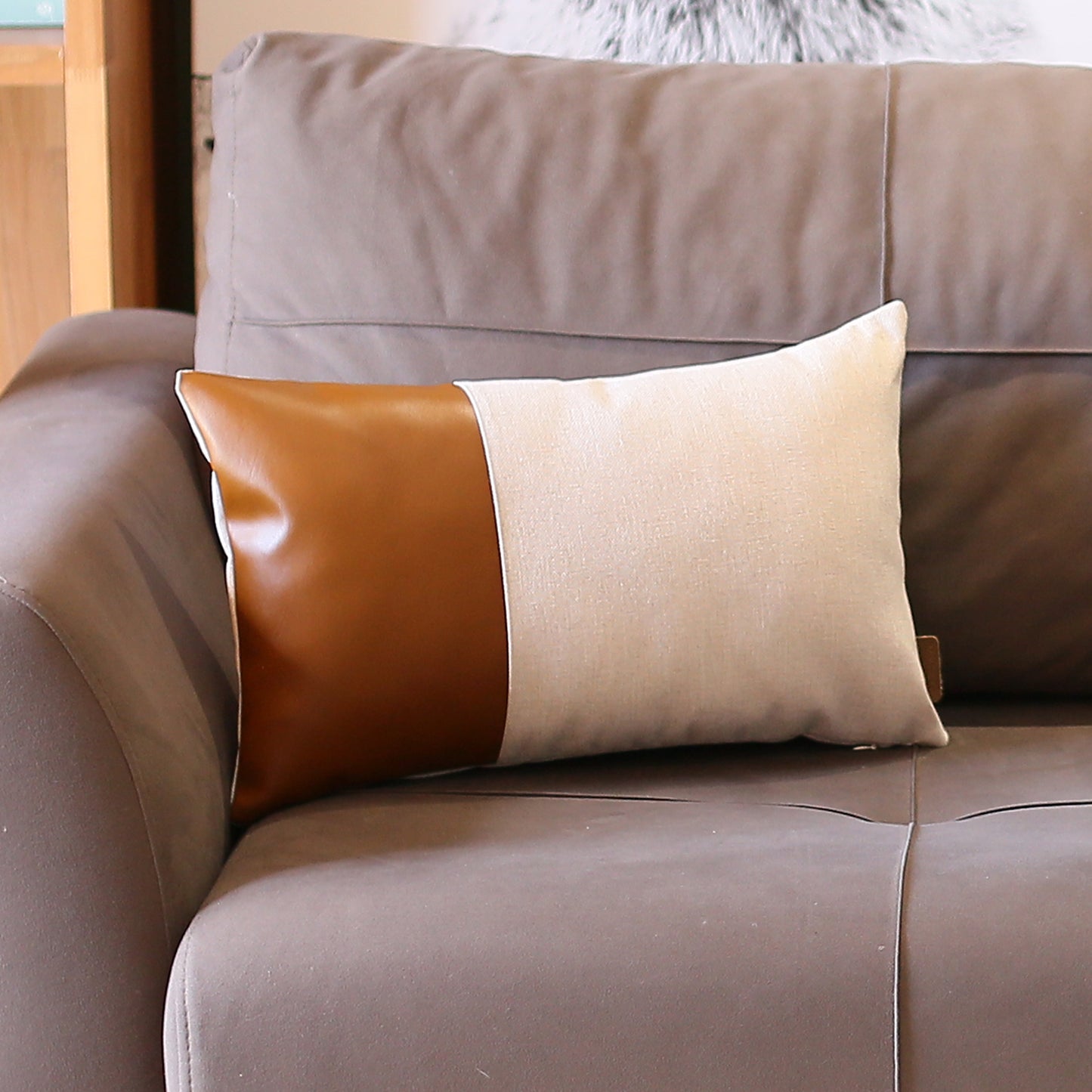 Boho Throw Pillow Brown Mixed Design Set of 4 Vegan Faux Leather Geometric for Couch, Bedding