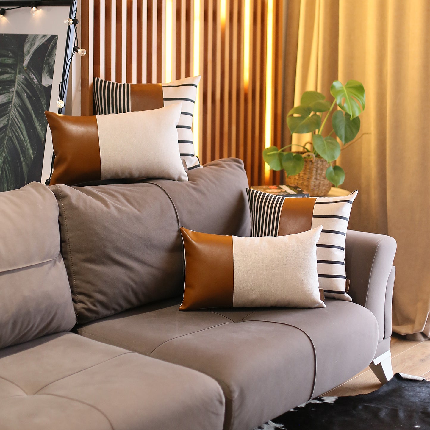 Boho Throw Pillow Brown Mixed Design Set of 4 Vegan Faux Leather Geometric for Couch, Bedding