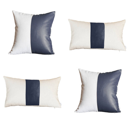 Boho Throw Pillow Navy Blue Mixed Design Set of 4 Vegan Faux Leather Solid for Couch, Bedding