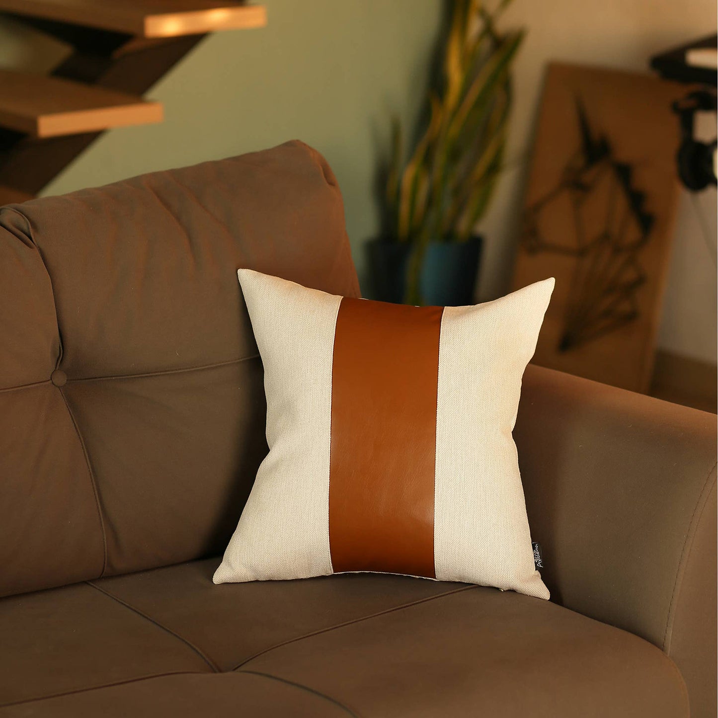 Boho Throw Pillow Brown Mixed Design Set of 4 Vegan Faux Leather Solid for Couch, Bedding