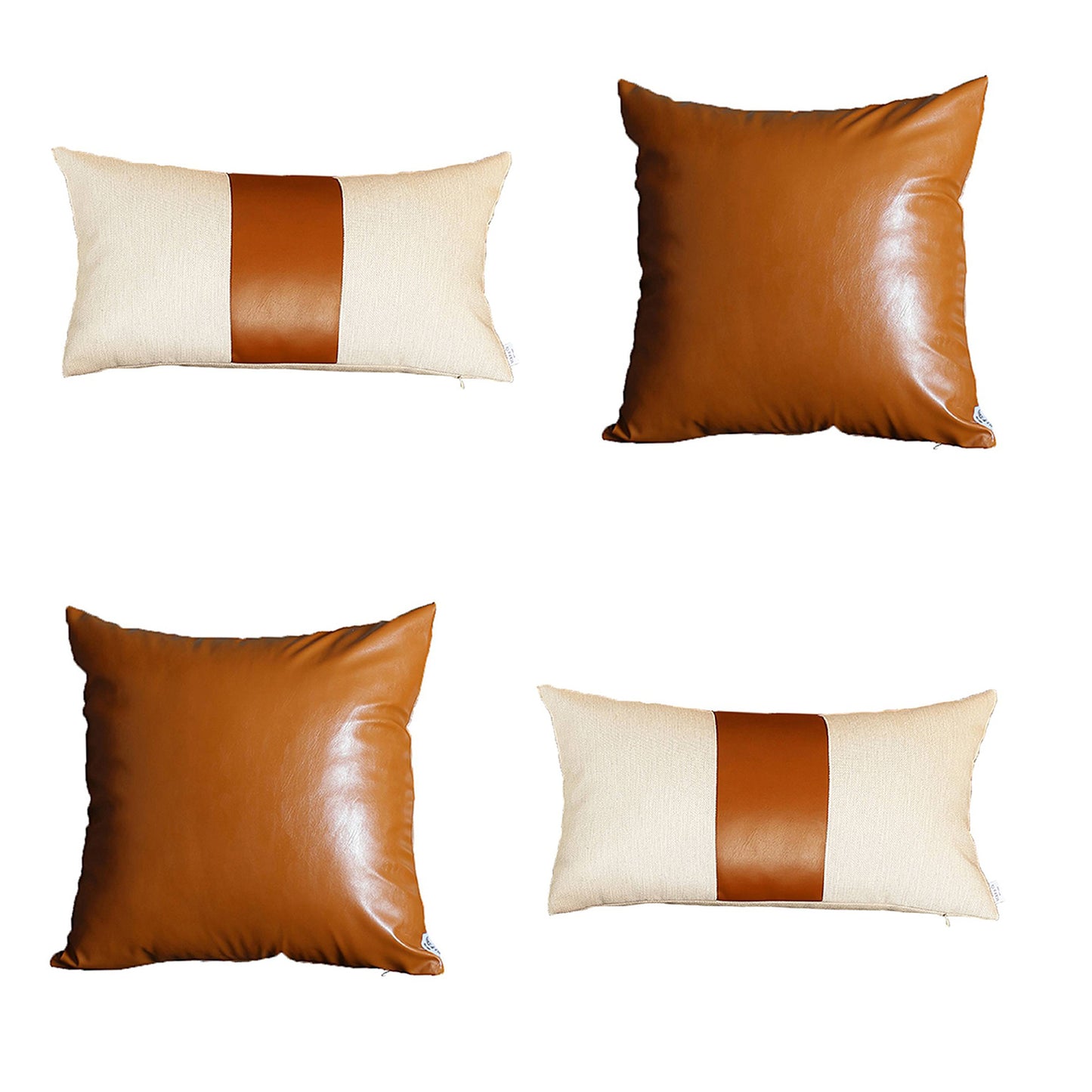 Boho Throw Pillow Brown Mixed Design Set of 4 Vegan Faux Leather Solid for Couch, Bedding