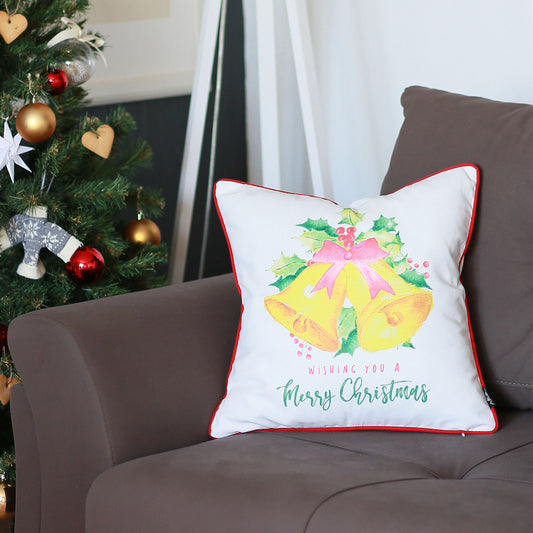 Decorative Christmas Bells Single Throw Pillow Cover 18" x 18" White & Yellow Square for Couch, Bedding - Apolena