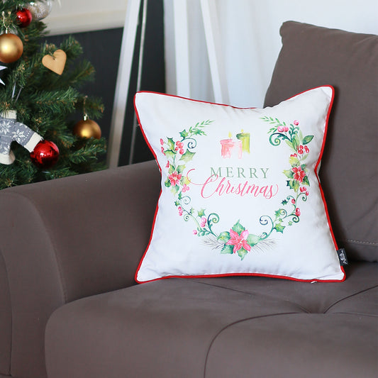 Merry Christmas Decorative Single Throw Pillow 18" x 18" White & Red Square for Couch, Bedding