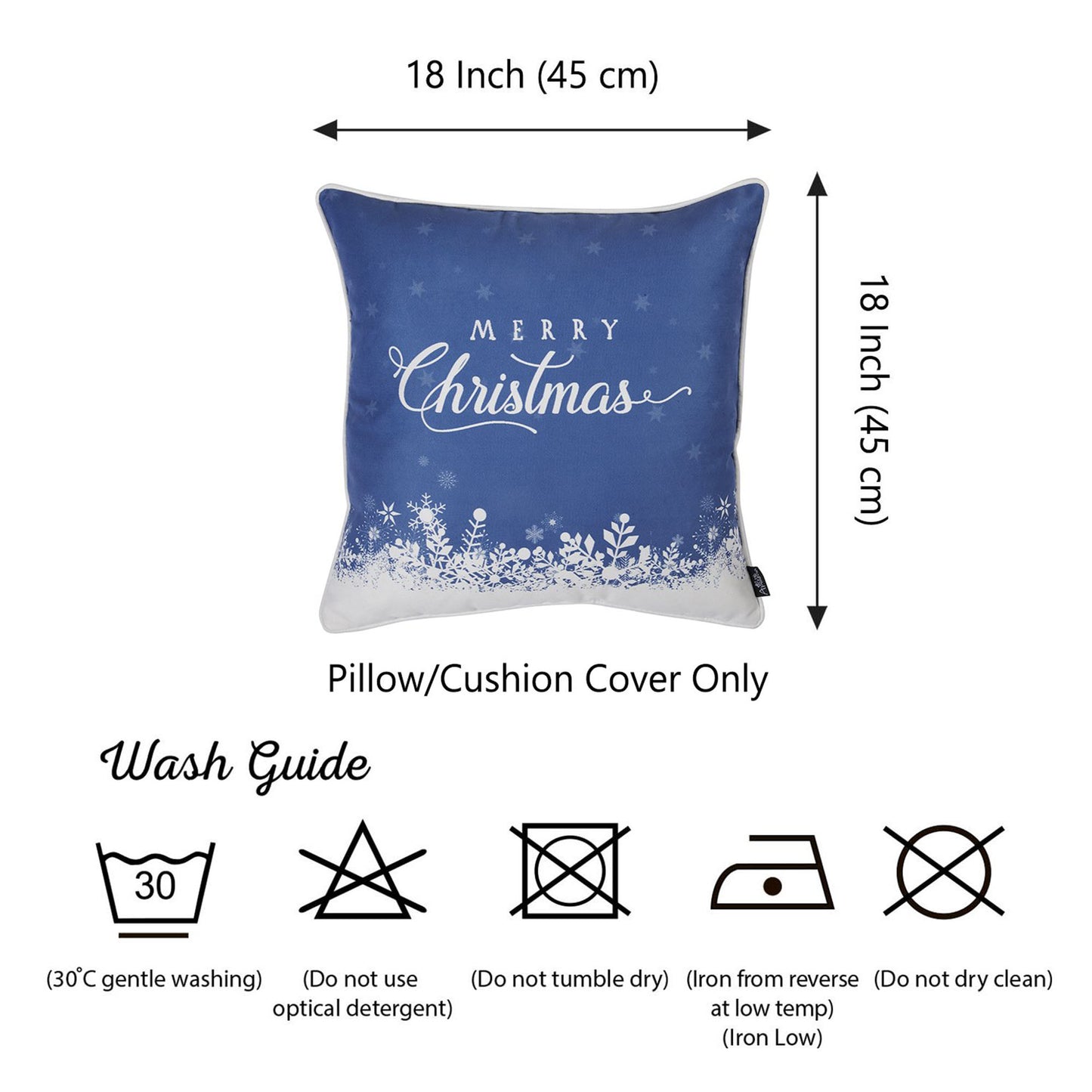 Decorative Merry Christmas Single Throw Pillow Cover 18" x 18" Blue & White Square for Couch, Bedding - Apolena