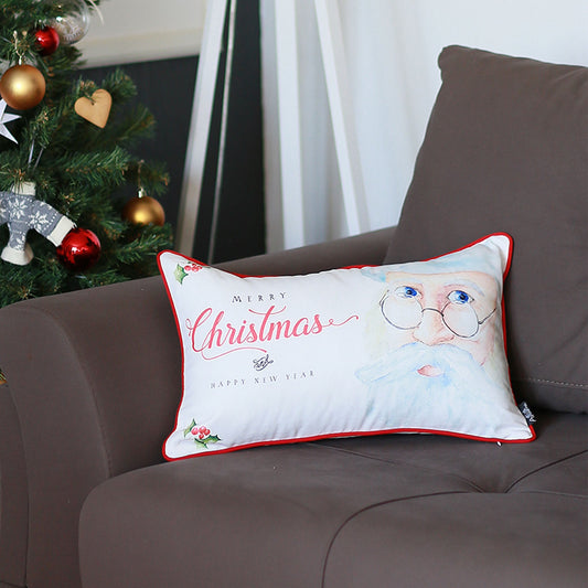 Christmas Santa Decorative Single Throw Pillow 12" x 20" White & Red Lumbar for Couch, Bedding