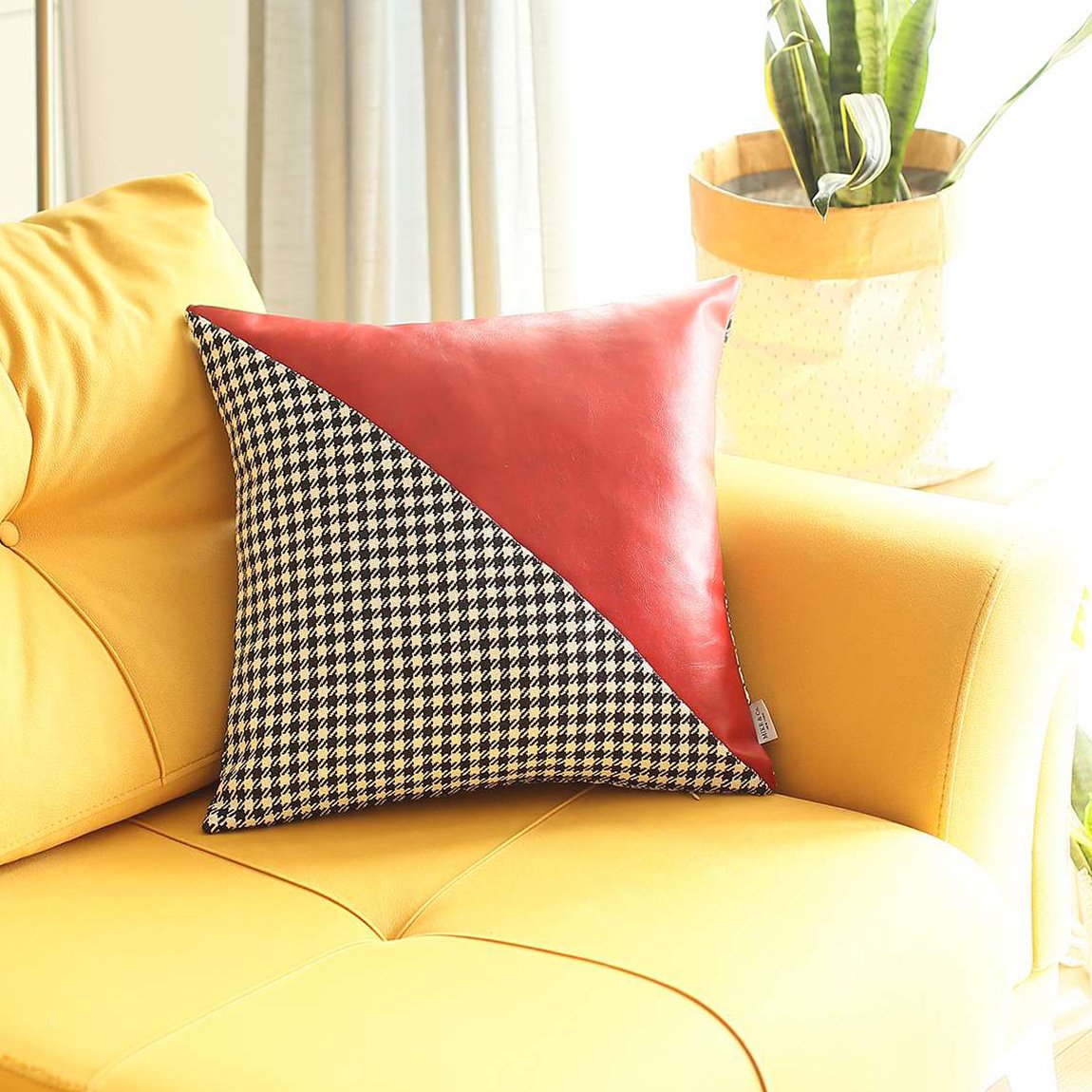 Bohemian Handmade Decorative Throw Pillow Vegan Faux Leather Houndstooth 18" x 18" Square for Couch, Bedding