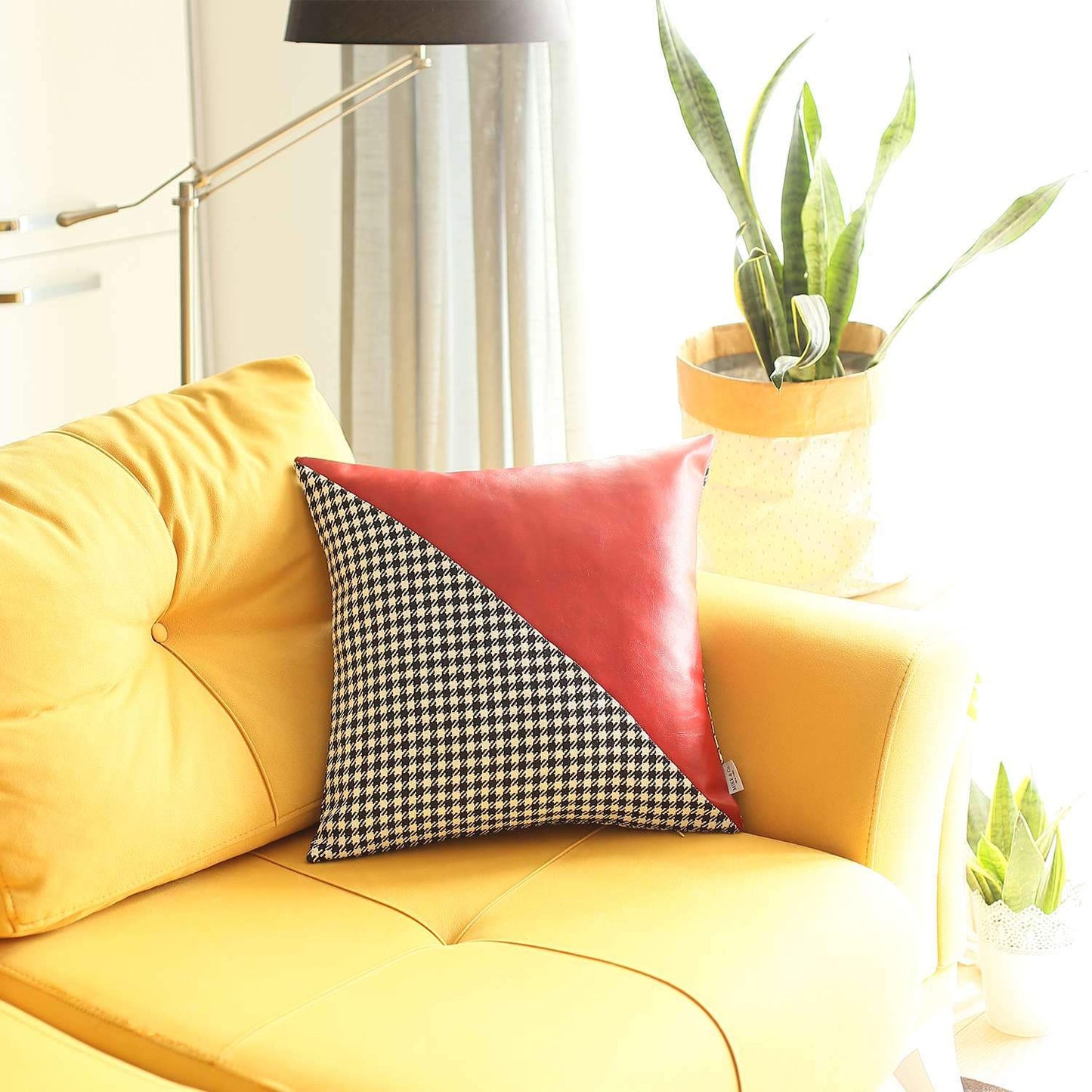 Bohemian Handmade Decorative Throw Pillow Vegan Faux Leather Houndstooth 18" x 18" Square for Couch, Bedding