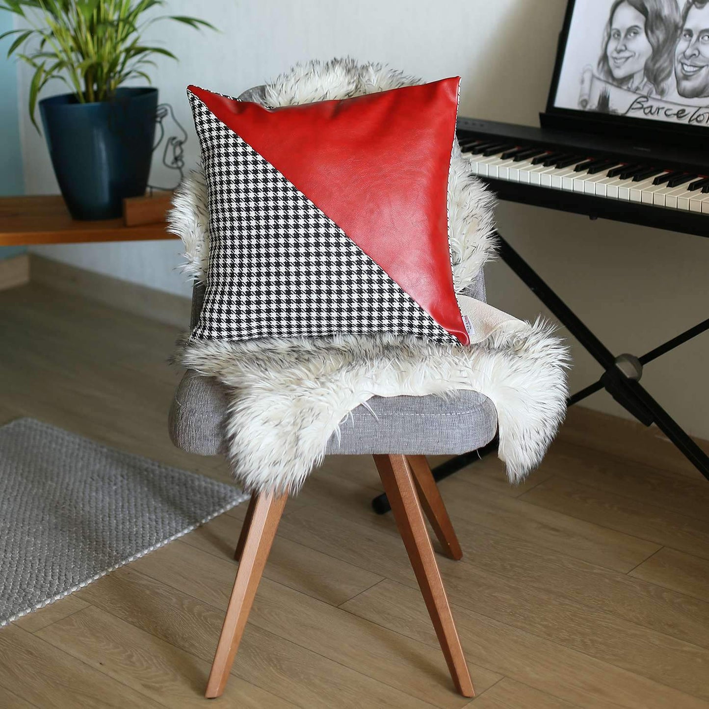 Bohemian Handmade Decorative Throw Pillow Vegan Faux Leather Houndstooth 18" x 18" Square for Couch, Bedding