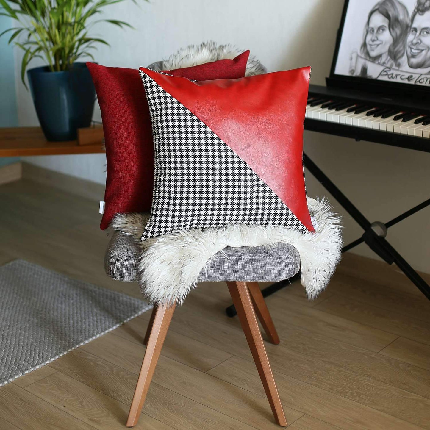 Bohemian Handmade Decorative Throw Pillow Vegan Faux Leather Houndstooth 18" x 18" Square for Couch, Bedding