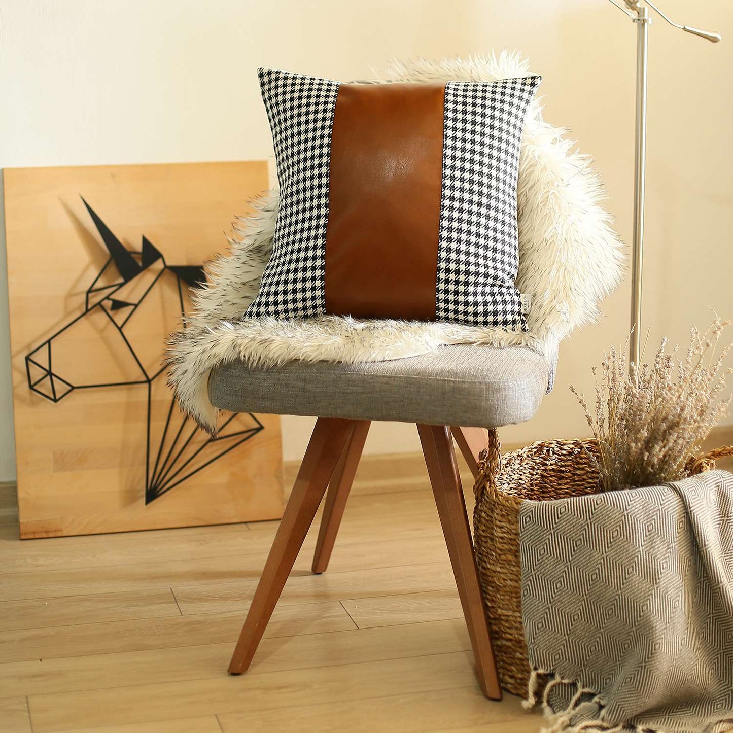 Bohemian Handmade Decorative Throw Pillow Vegan Faux Leather Houndstooth for Couch, Bedding