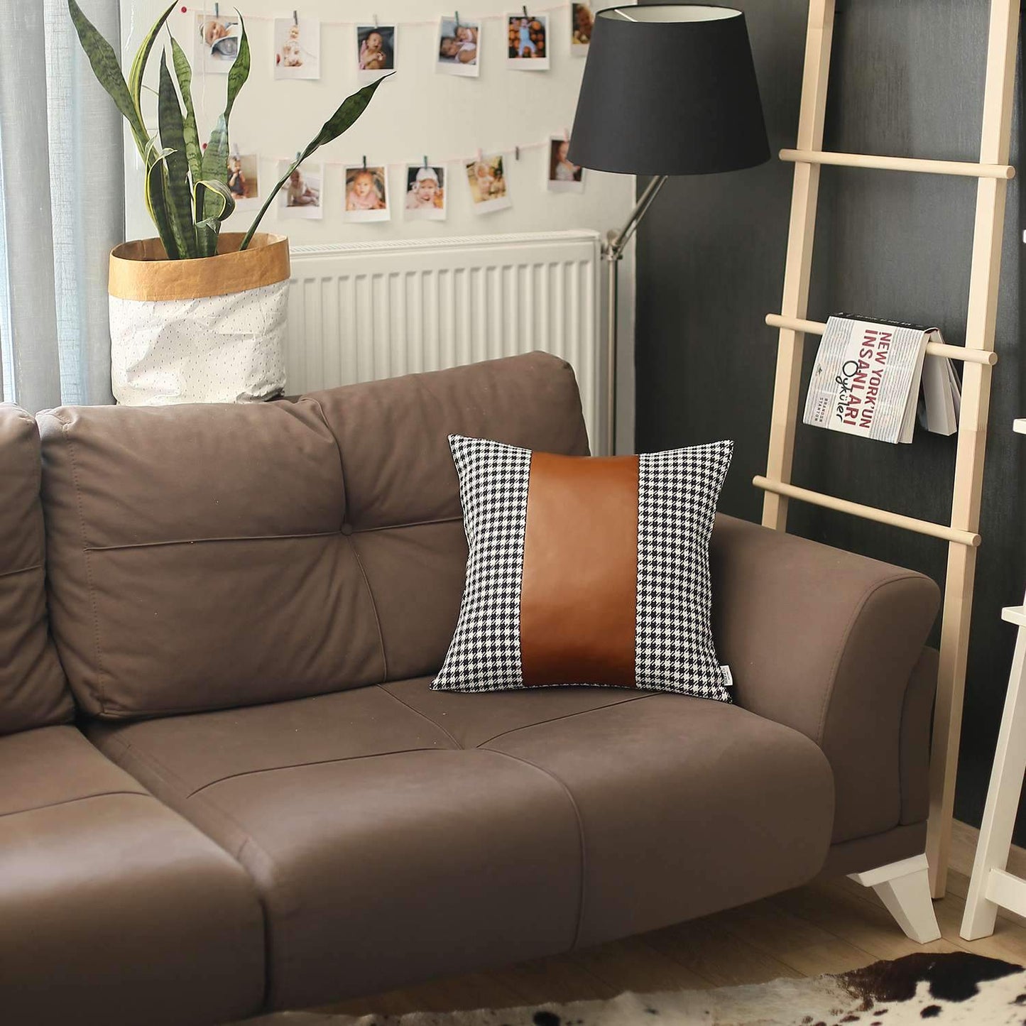 Bohemian Handmade Decorative Throw Pillow Vegan Faux Leather Houndstooth for Couch, Bedding
