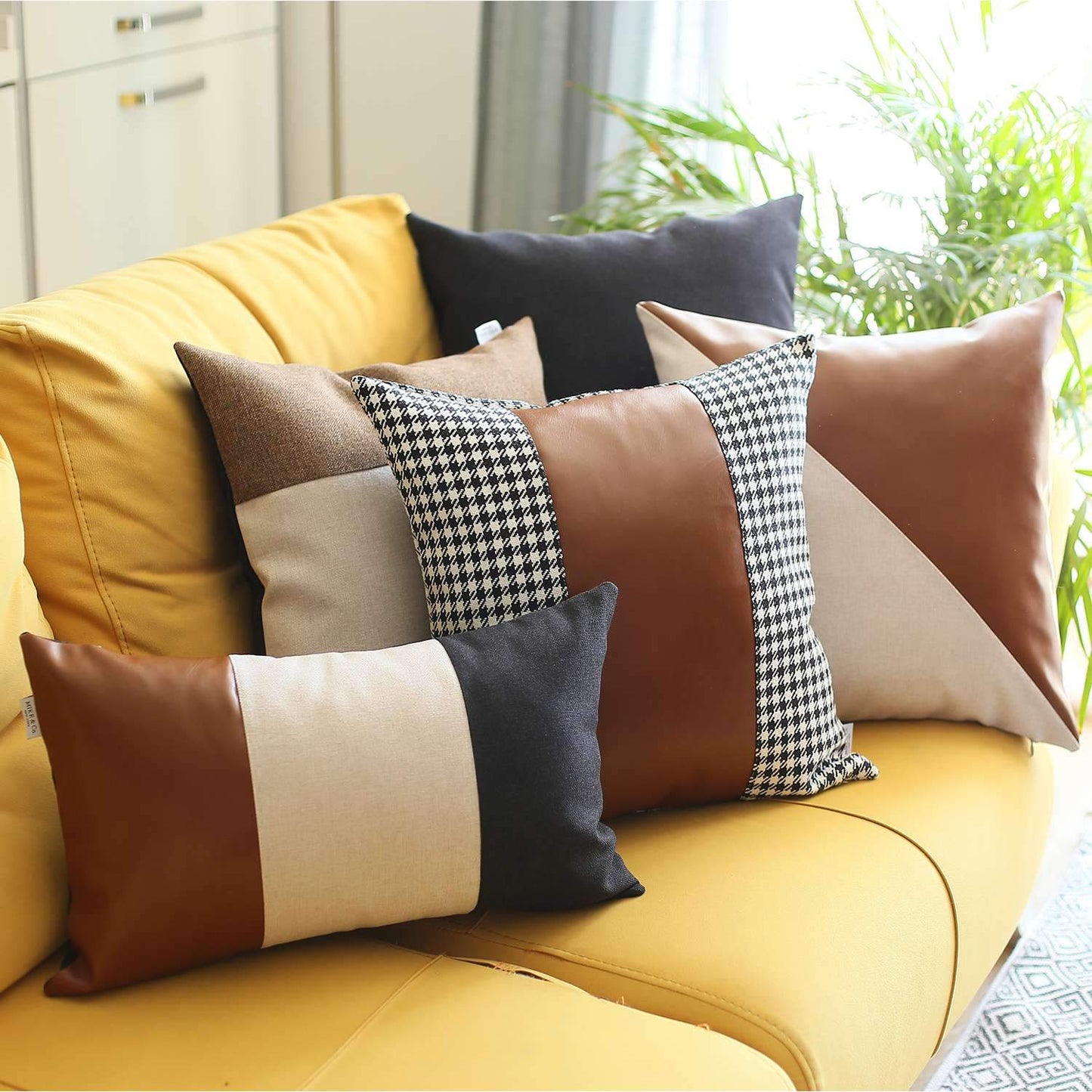 Bohemian Handmade Decorative Throw Pillow Vegan Faux Leather Houndstooth for Couch, Bedding