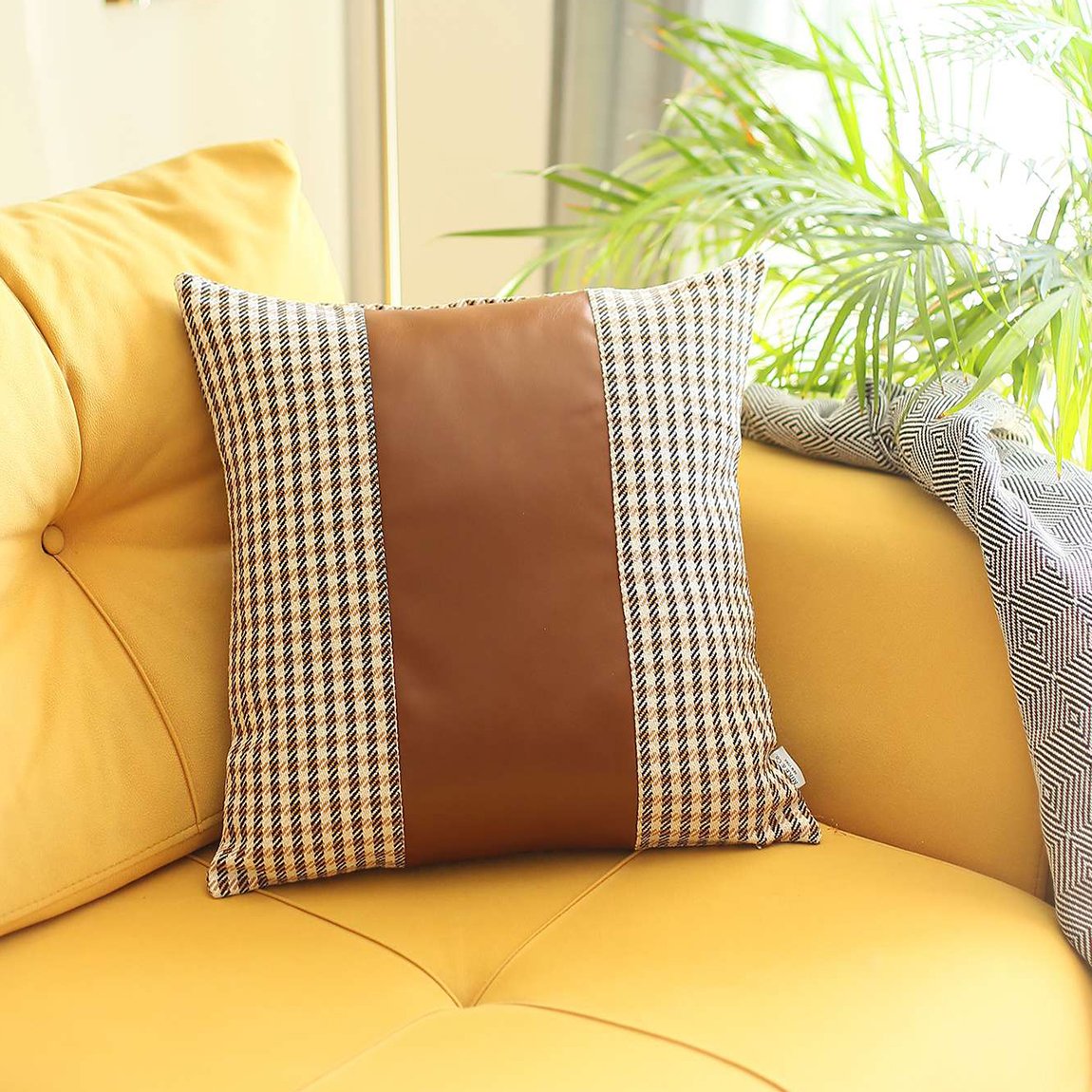 Bohemian Handmade Decorative Throw Pillow Vegan Faux Leather Houndstooth for Couch, Bedding