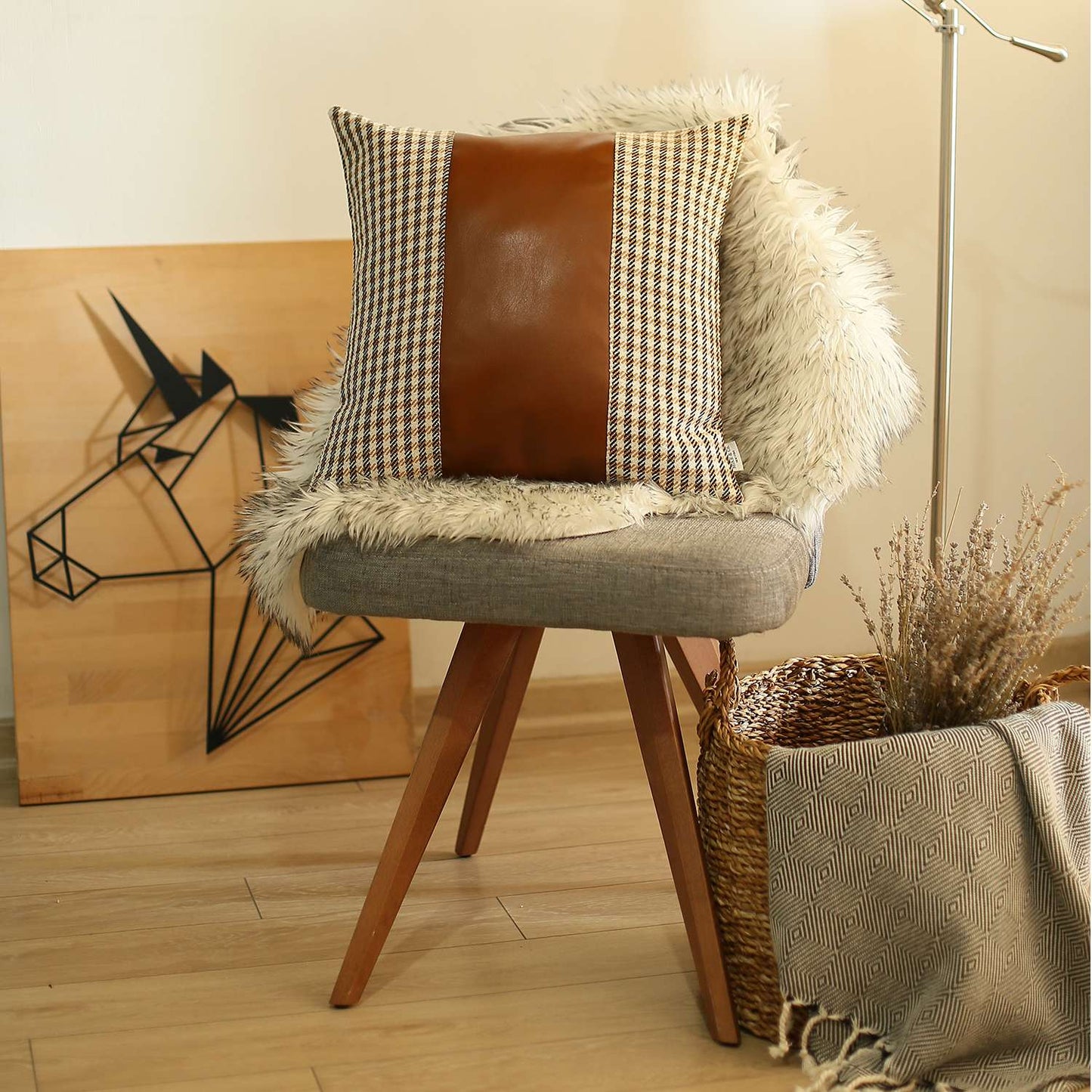 Bohemian Handmade Decorative Throw Pillow Vegan Faux Leather Houndstooth for Couch, Bedding