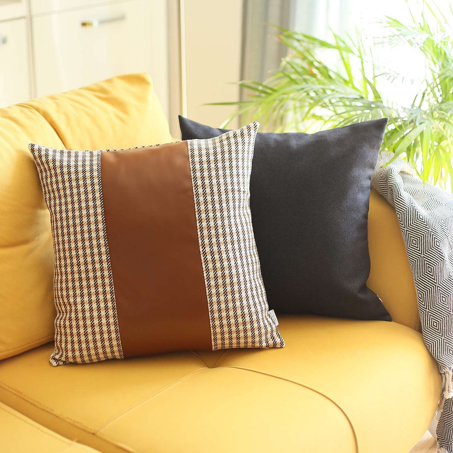 Bohemian Handmade Decorative Throw Pillow Vegan Faux Leather Houndstooth for Couch, Bedding