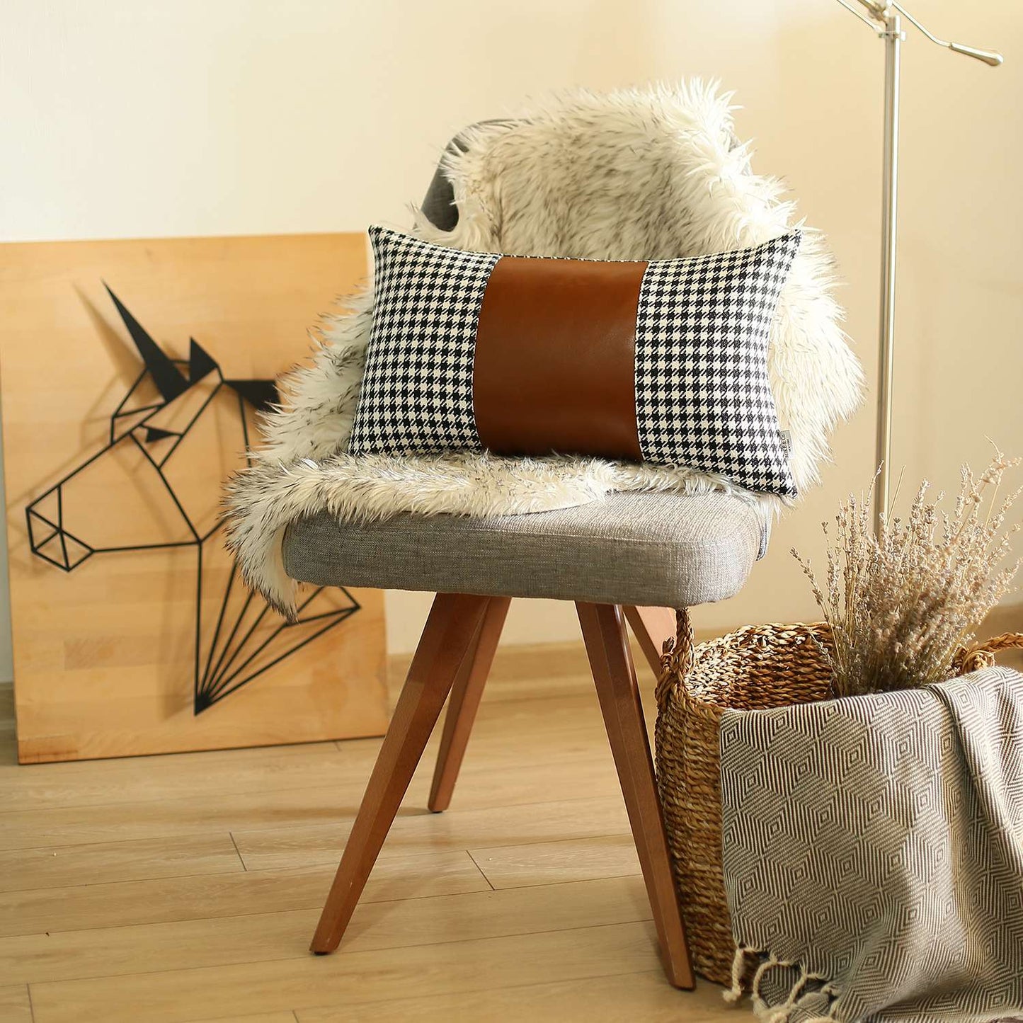 Bohemian Handmade Decorative Throw Pillow Vegan Faux Leather Houndstooth for Couch, Bedding