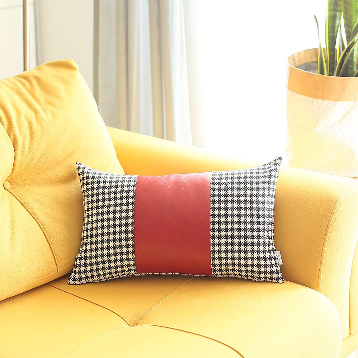 Bohemian Handmade Decorative Throw Pillow Vegan Faux Leather Houndstooth for Couch, Bedding