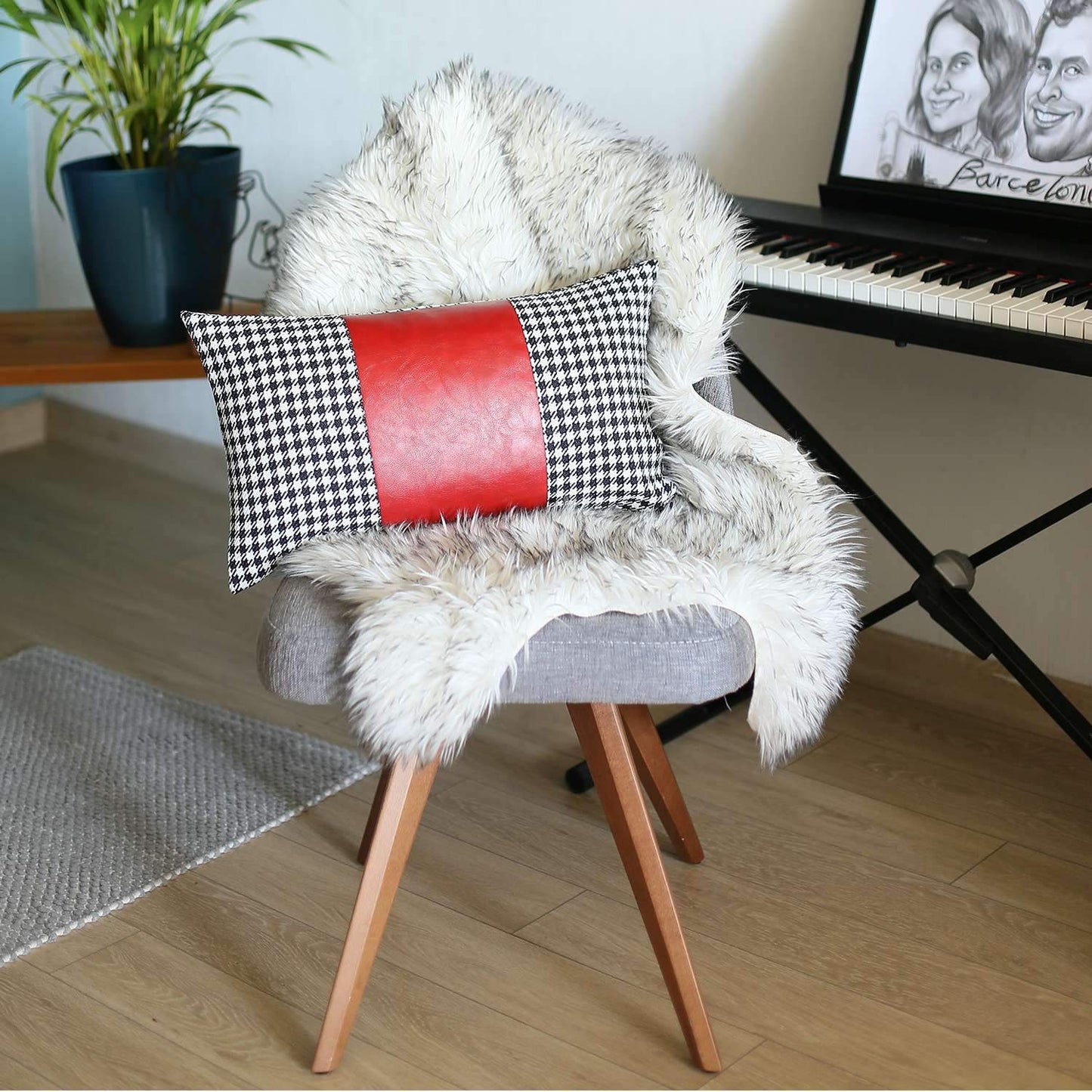 Bohemian Handmade Decorative Throw Pillow Vegan Faux Leather Houndstooth for Couch, Bedding