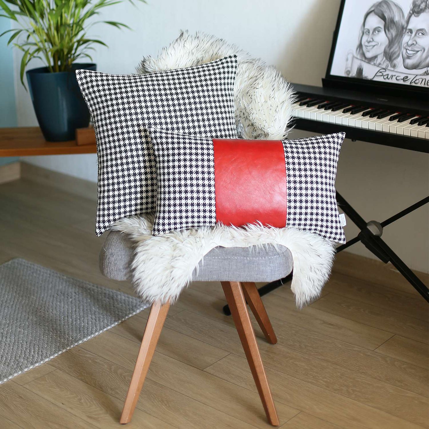 Bohemian Handmade Decorative Throw Pillow Vegan Faux Leather Houndstooth for Couch, Bedding