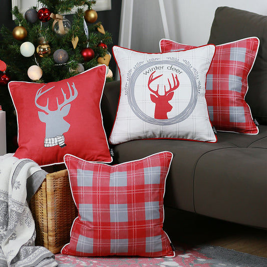 Decorative Christmas Themed Throw Pillow Cover Set of 4 Square 18" x 18" White & Red & Gray for Couch, Bedding
