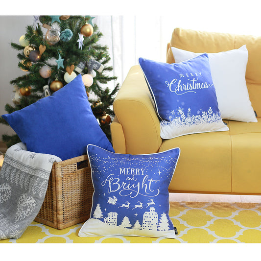 Decorative Christmas Themed Throw Pillow Cover Set of 4 Square 18" x 18" Blue & White for Couch, Bedding